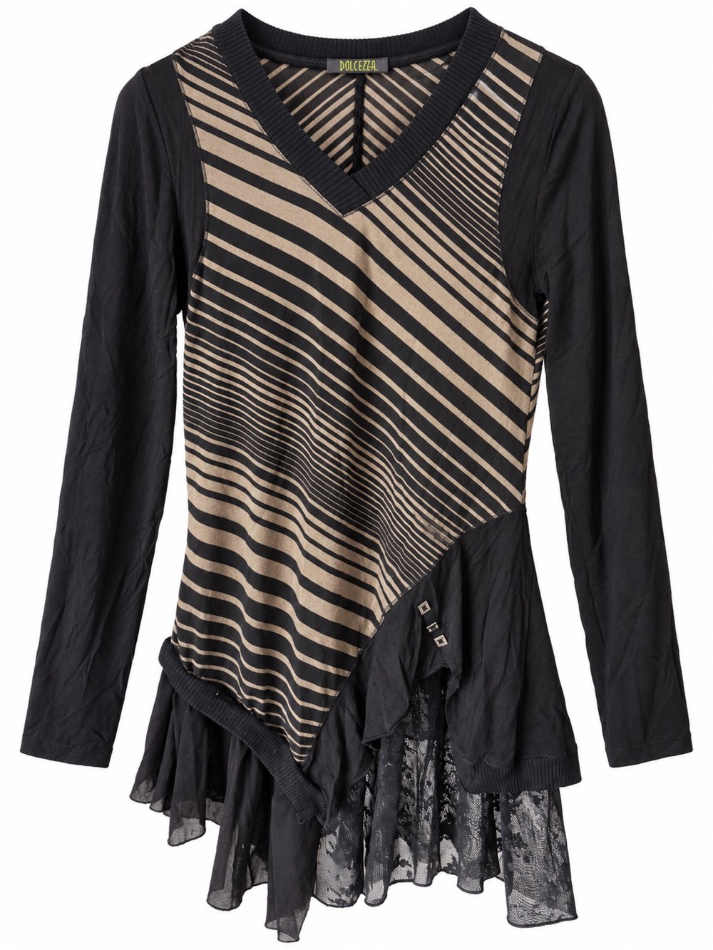 Dolcezza Black and Beige Striped V-Neck Long Sleeve top